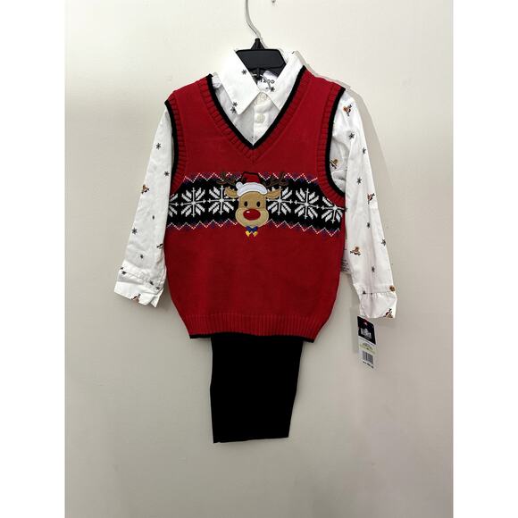Izod Boys 3 Piece Reindeer Outfit Pants Shirt & Sweater Vest 4T NWT - Picture 1 of 7